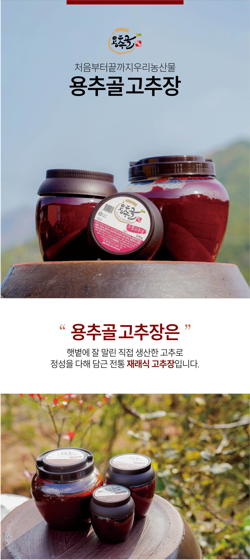 
처음부터끝까지우리농산물
용추골고추장
용추골고추장은
햇볕에 잘 말린 직접 생산한 고추로
정성을 다해 담근 전통 재래식 고추장입니다.