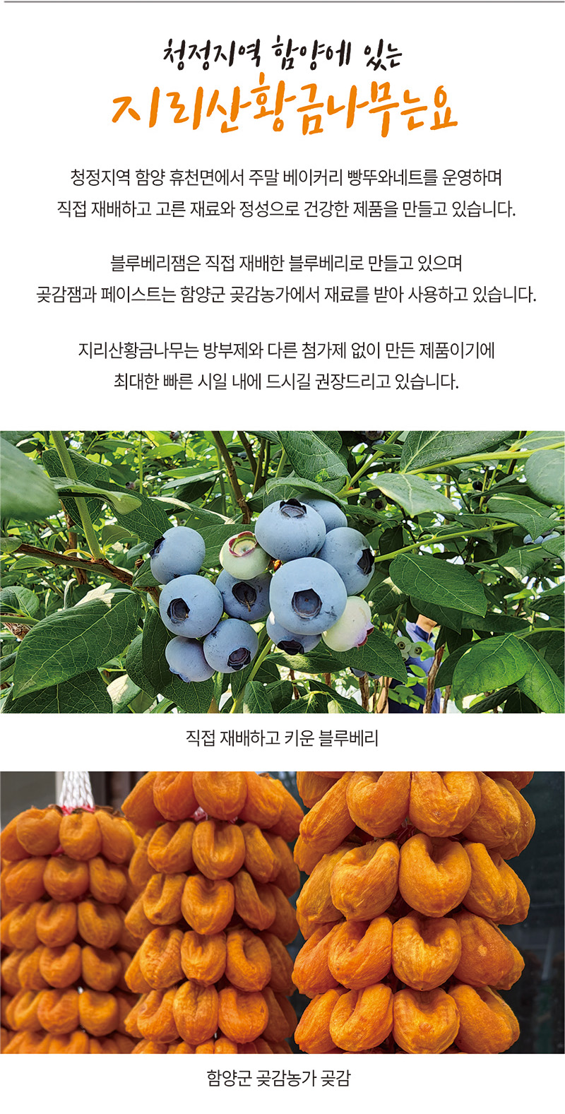 청정지역 함양에 있는
지리산황금나무는요
청정지역 함양 휴천면에서 주말 베이커리 빵뚜와네트를 운영하며
직접 재배하고 고른 재료와 정성으로 건강한 제품을 만들고 있습니다.
블루베리잼은 직접 재배한 블루베리로 만들고 있으며
곶감잼과 페이스트는 함양군 곶감농가에서 재료를 받아 사용하고 있습니다.
지리산황금나무는 방부제와 다른 첨가제 없이 만든 제품이기에
최대한 빠른 시일 내에 드시길 권장드리고 있습니다.
직접 재배하고 키운 블루베리
함양군 곶감농가 곶감