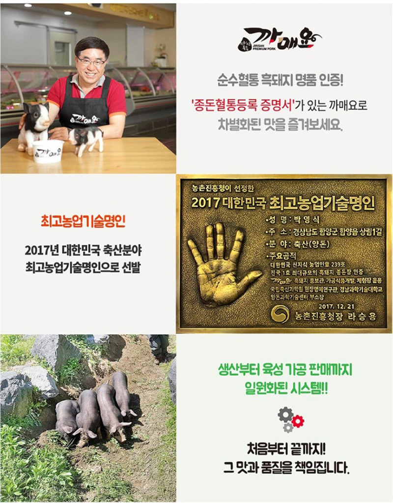 까매요
순수혈통 흑돼지 명품 인증!
'종돈혈통등록 증명서'가 있는 까매요로
차별화된 맛을 즐겨 보세요.
최고농업기술명인
2017년 대한민국 축산분야
최고농업기술명인으로 선발
생산부터 육성가공 판매까지
일원화된 시스템!!
처음부터 끝까지!
그 맛과 품질을 책임집니다.